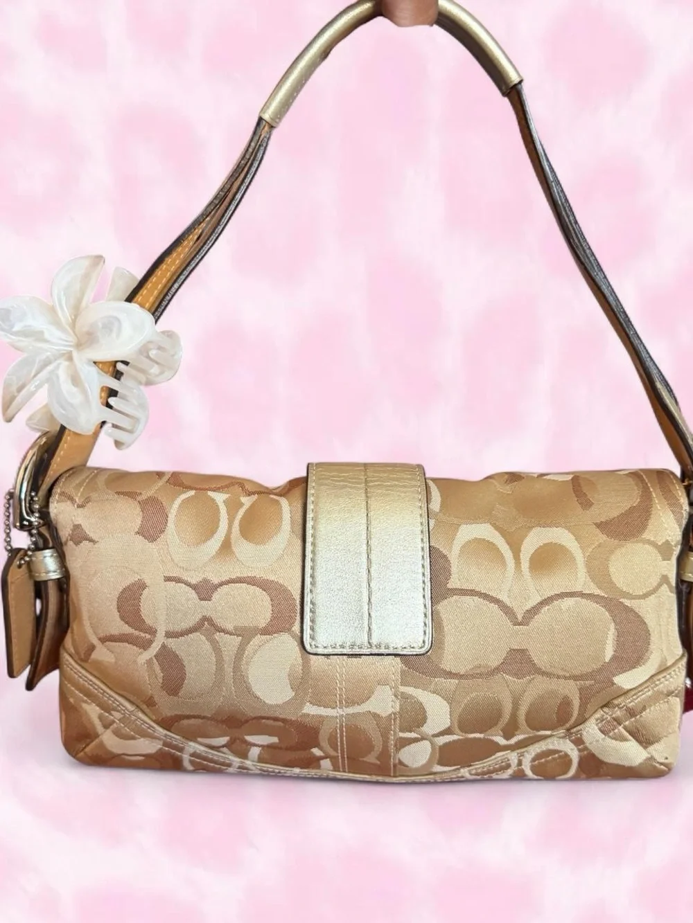 Coach Gold & Beige Signature Jacquard Shoulder Bag